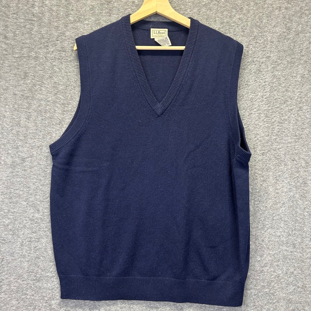 LL Bean Mens Navy Blue 100% Lambswool V-Neck Sweater Vest Size Large L-REG